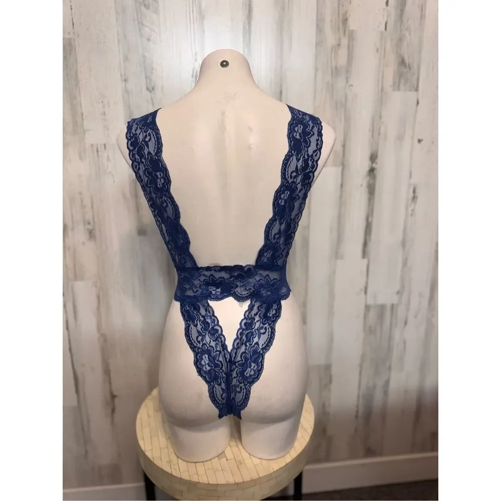 Avidlove Blue Lace Teddy Bodysuit Sheer Deep V Lingerie Open Back Size M